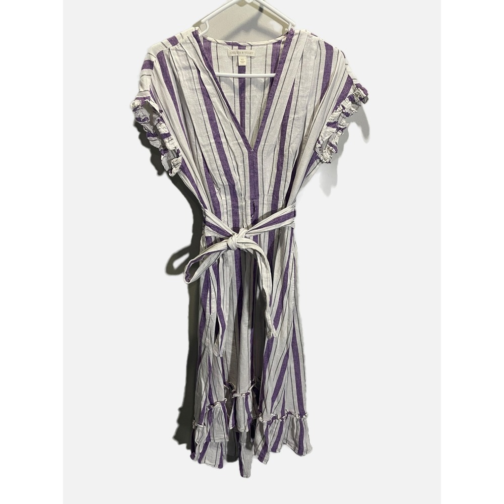 Chelsea & Violet Stripe Dress Womens XS Purple Linen Blend Ruffle‎ Boho Summer
